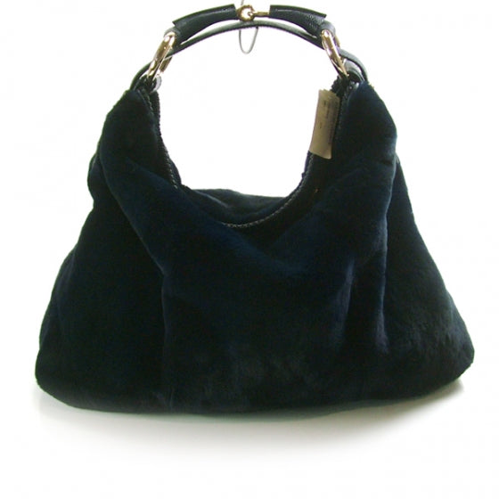 Mink Fur Large Horsebit Chain Hobo Navy