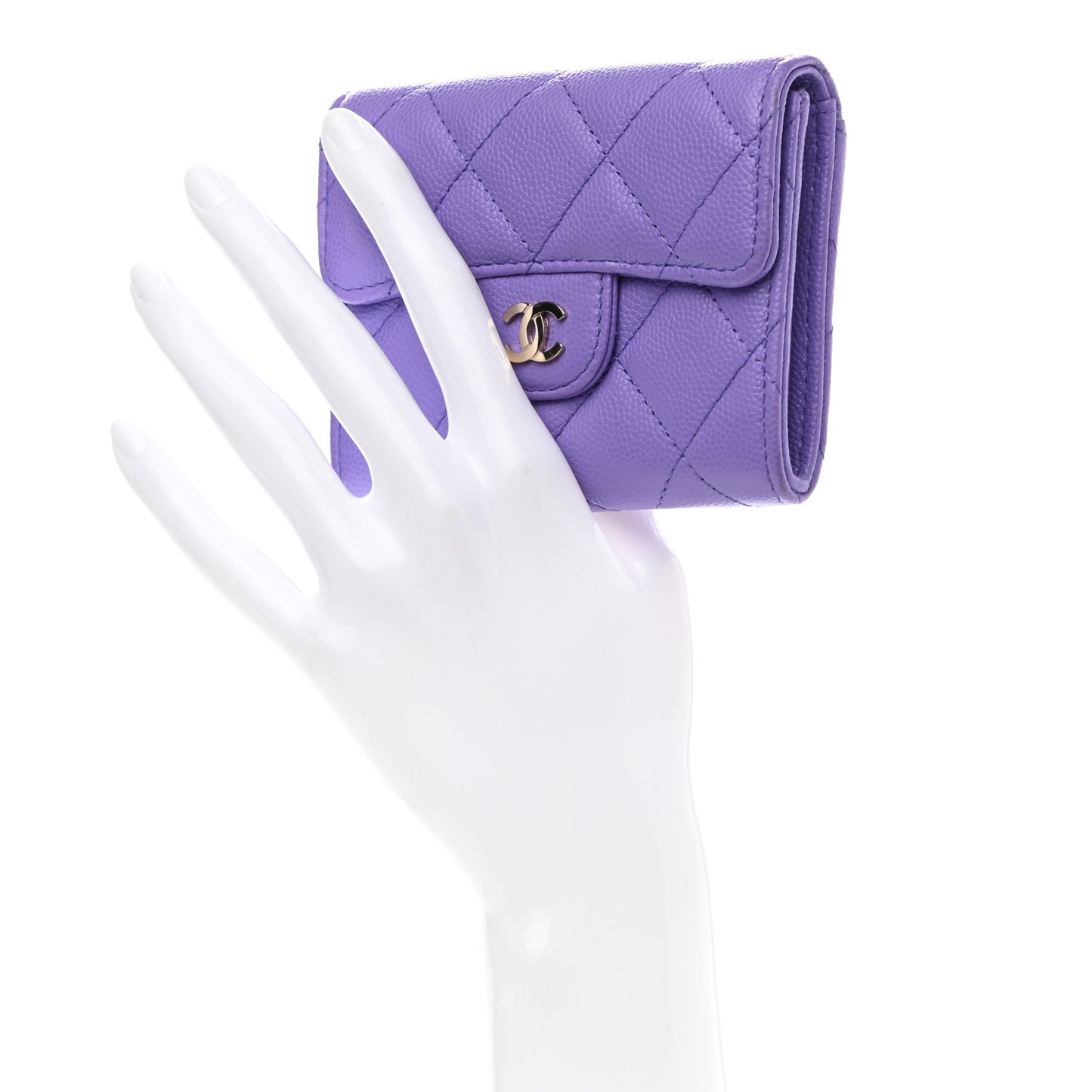 Caviar Quilted Flap Card Holder Wallet Purple