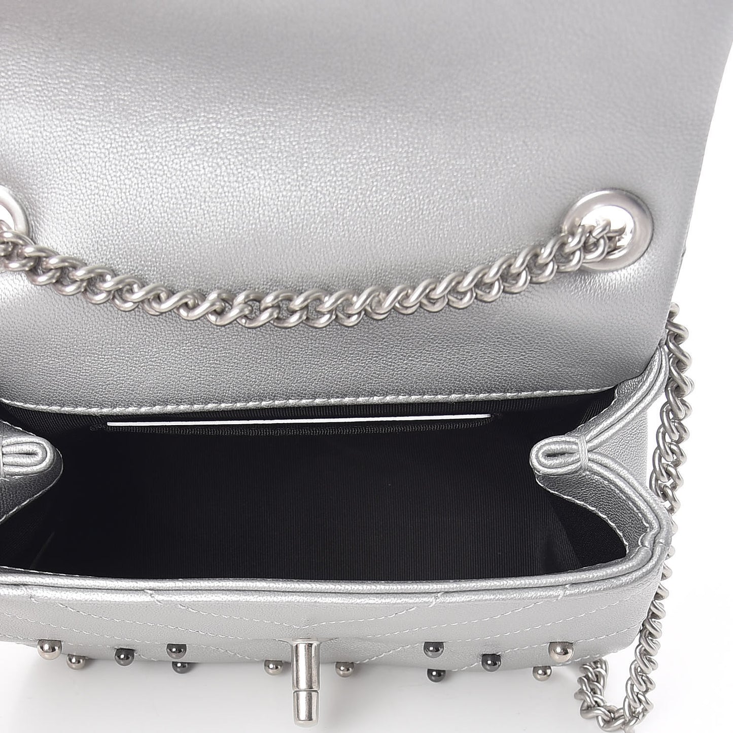 Metallic Lambskin Chevron Quilted Studded Mini Flap Silver
