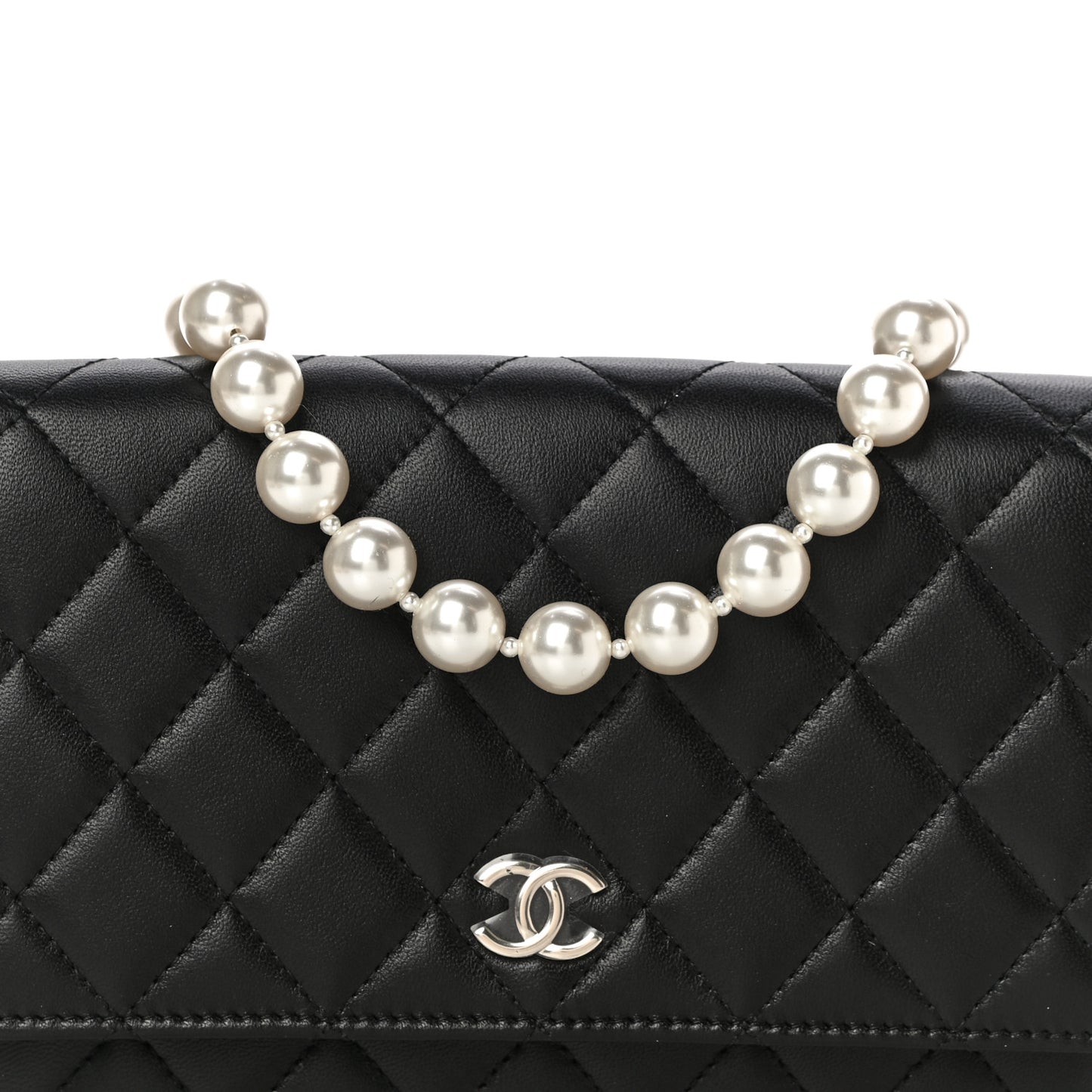 Lambskin Quilted Pearl Wallet On Chain WOC Black
