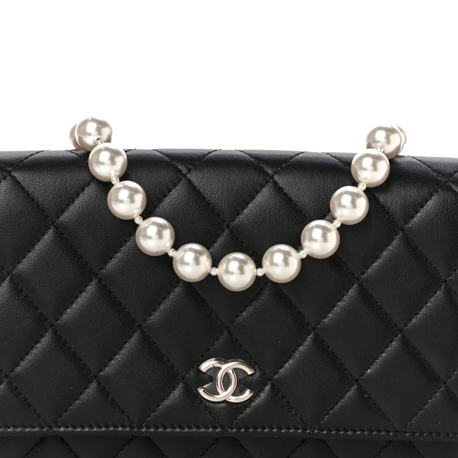 Chanel Lambskin Quilted Pearl Wallet On Chain WOC Black 12 of 13