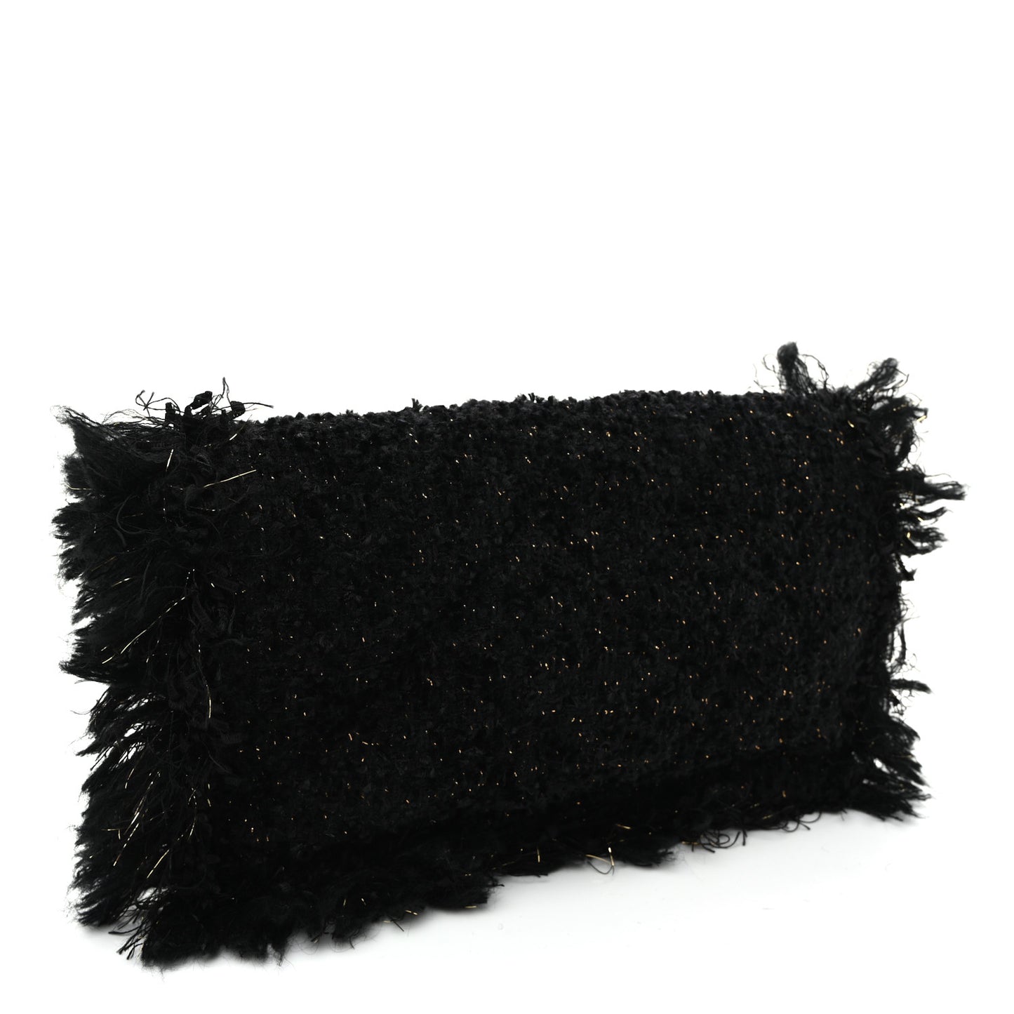Tweed Fringe Quilted Chain Around Flap Clutch Black Gold