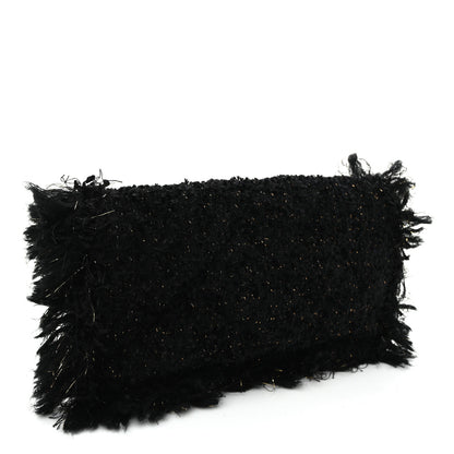 Chanel Tweed Fringe Quilted Chain Around Flap Clutch Black Gold 3 of 10