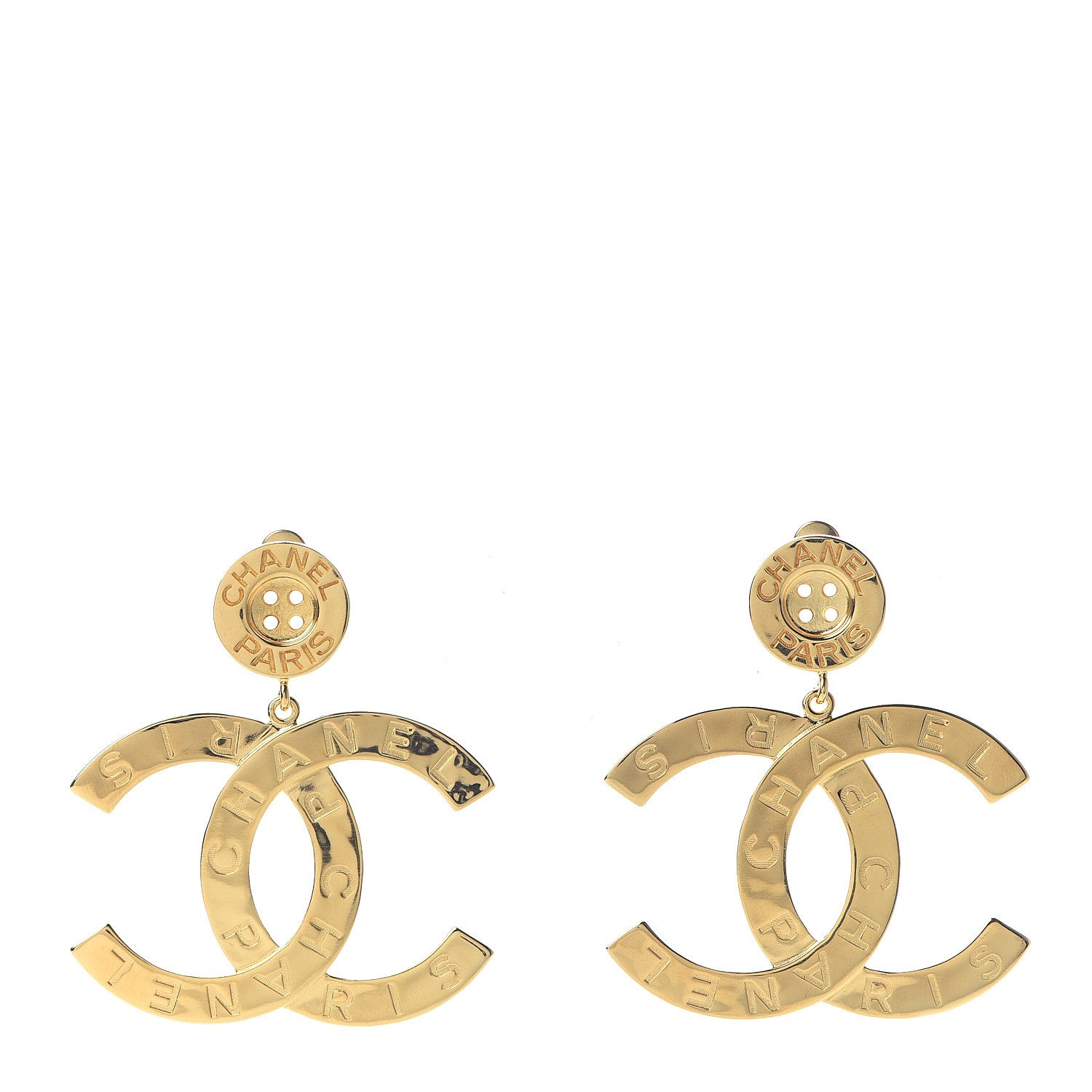 Chanel Metal Large Paris Button Earrings Gold 1 of 5