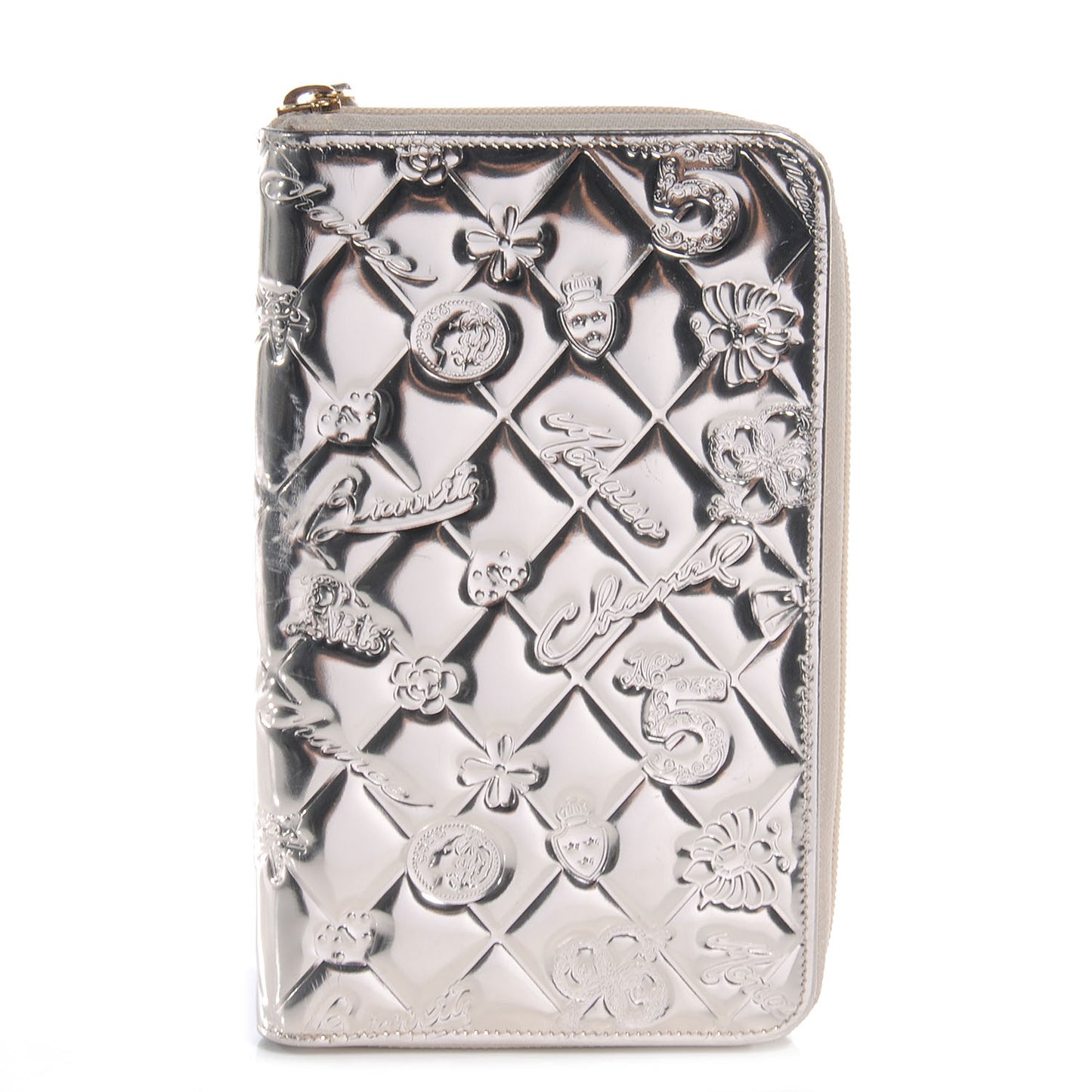 Patent Calfskin Lucky Symbols Zip Around Wallet Gold