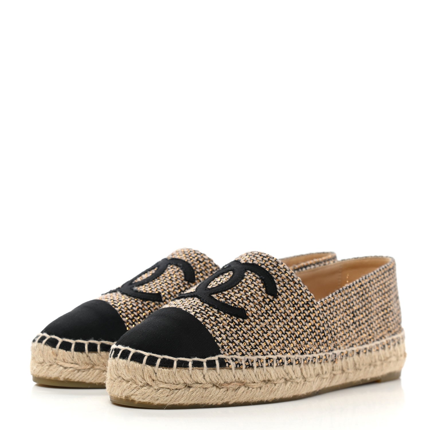Chanel Tweed Grosgrain CC Espadrilles 36 Gold Beige Black 3 of 8