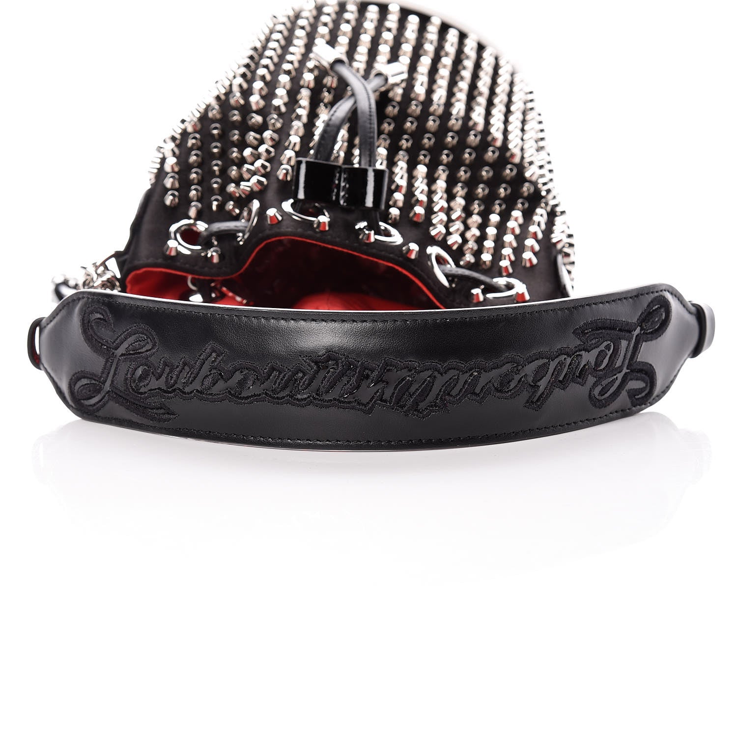Christian Louboutin Silk Satin Calfskin Marie Jane Loubirun Studded Bucket Black Silver 12 of 12