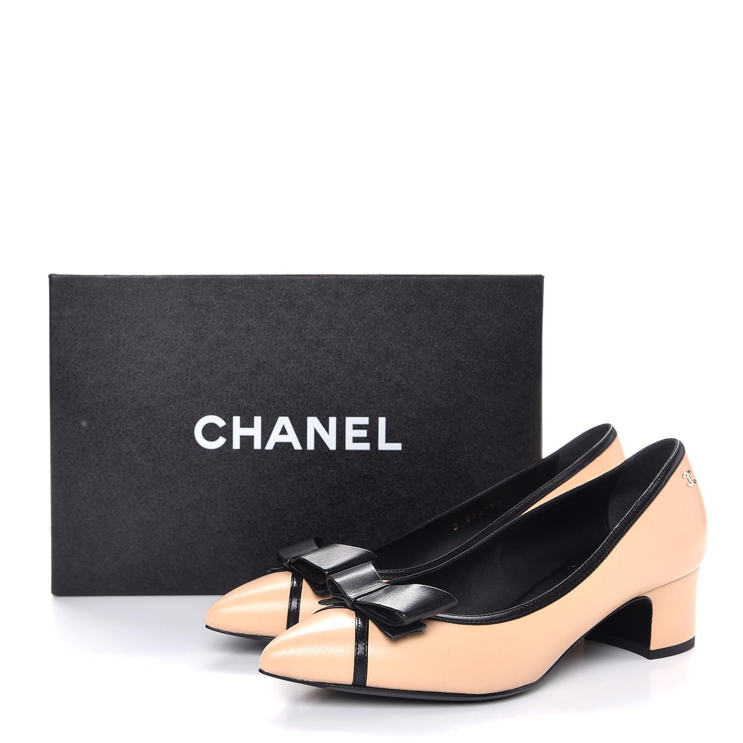 Chanel Lambskin Bow Pointed Toe Pumps 37 Beige Black 11 of 11