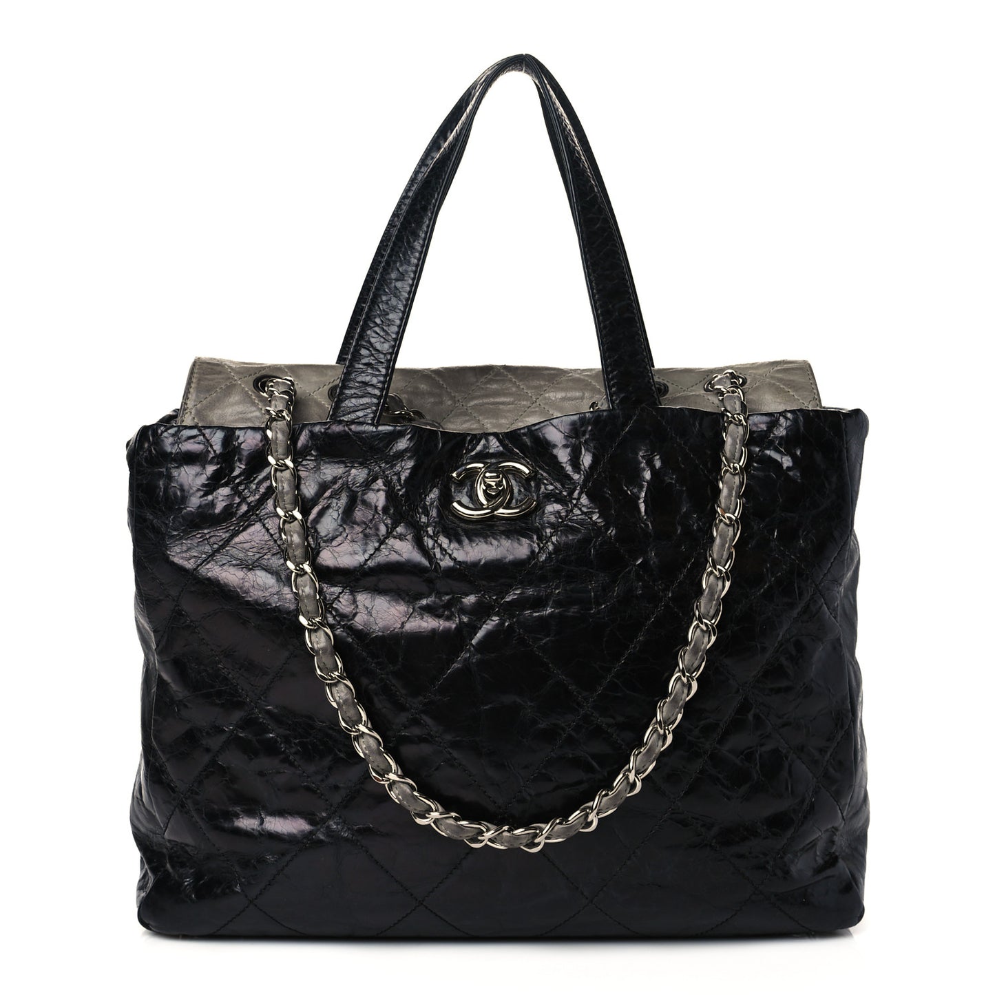 Glazed Calfskin Lambskin Quilted Portobello Tote Black Grey
