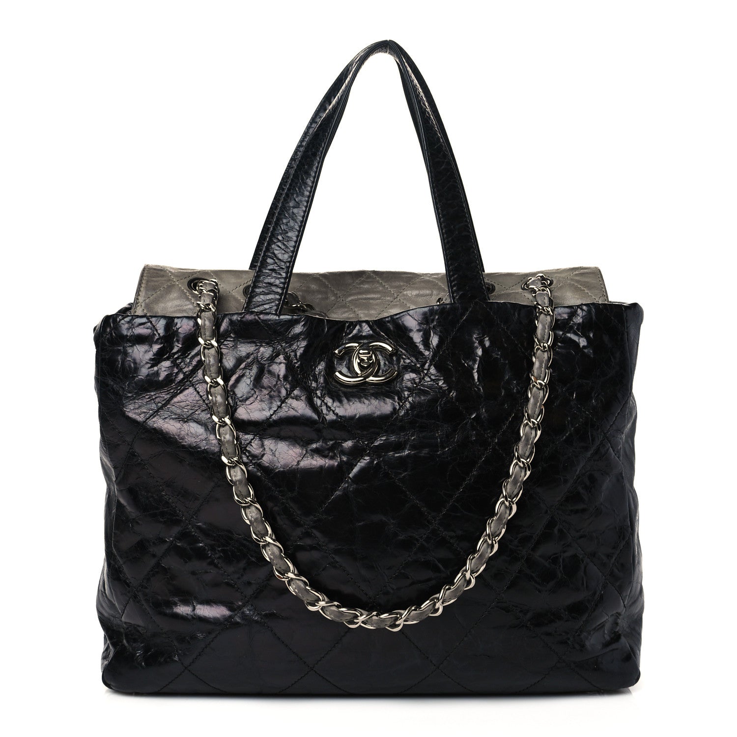 Chanel Glazed Calfskin Lambskin Quilted Portobello Tote Black Grey 1 of 11