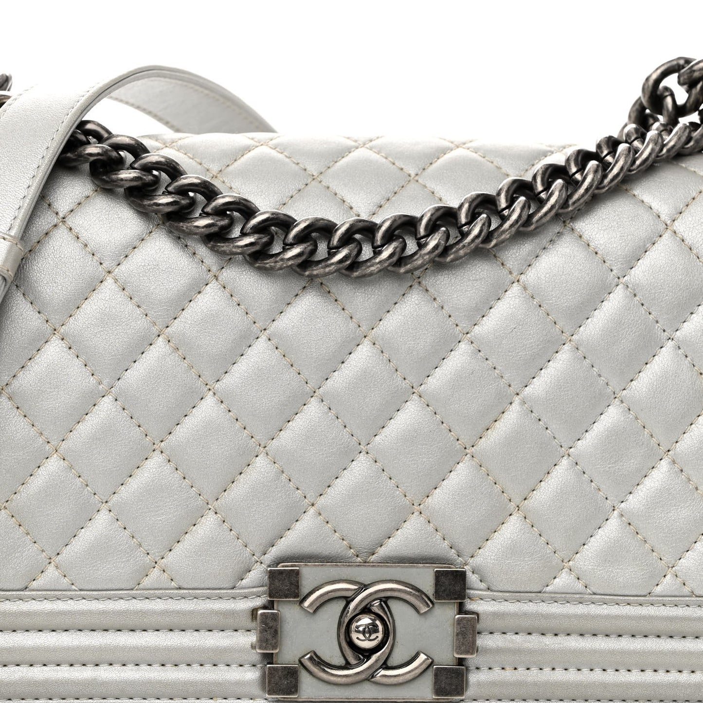 Metallic Lambskin Quilted Medium Boy Flap Silver
