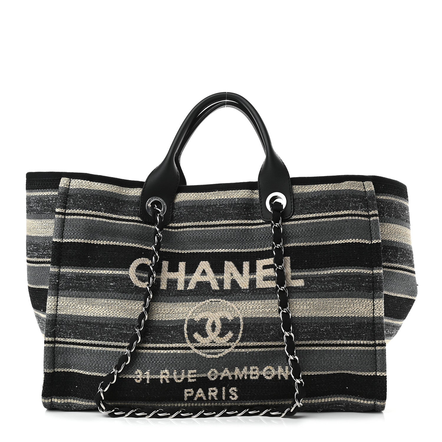 Chanel Striped Canvas Medium Deauville Tote Black 1 of 9