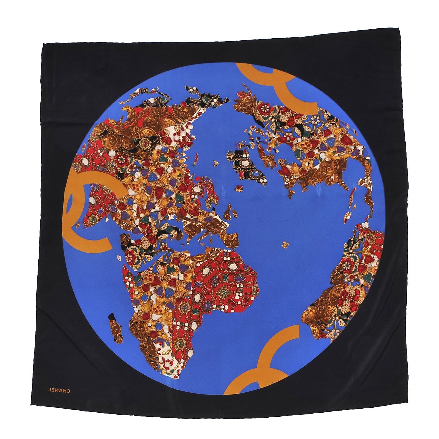 Chanel Silk Printed Gripoix Globe Square Scarf Black 3 of 9