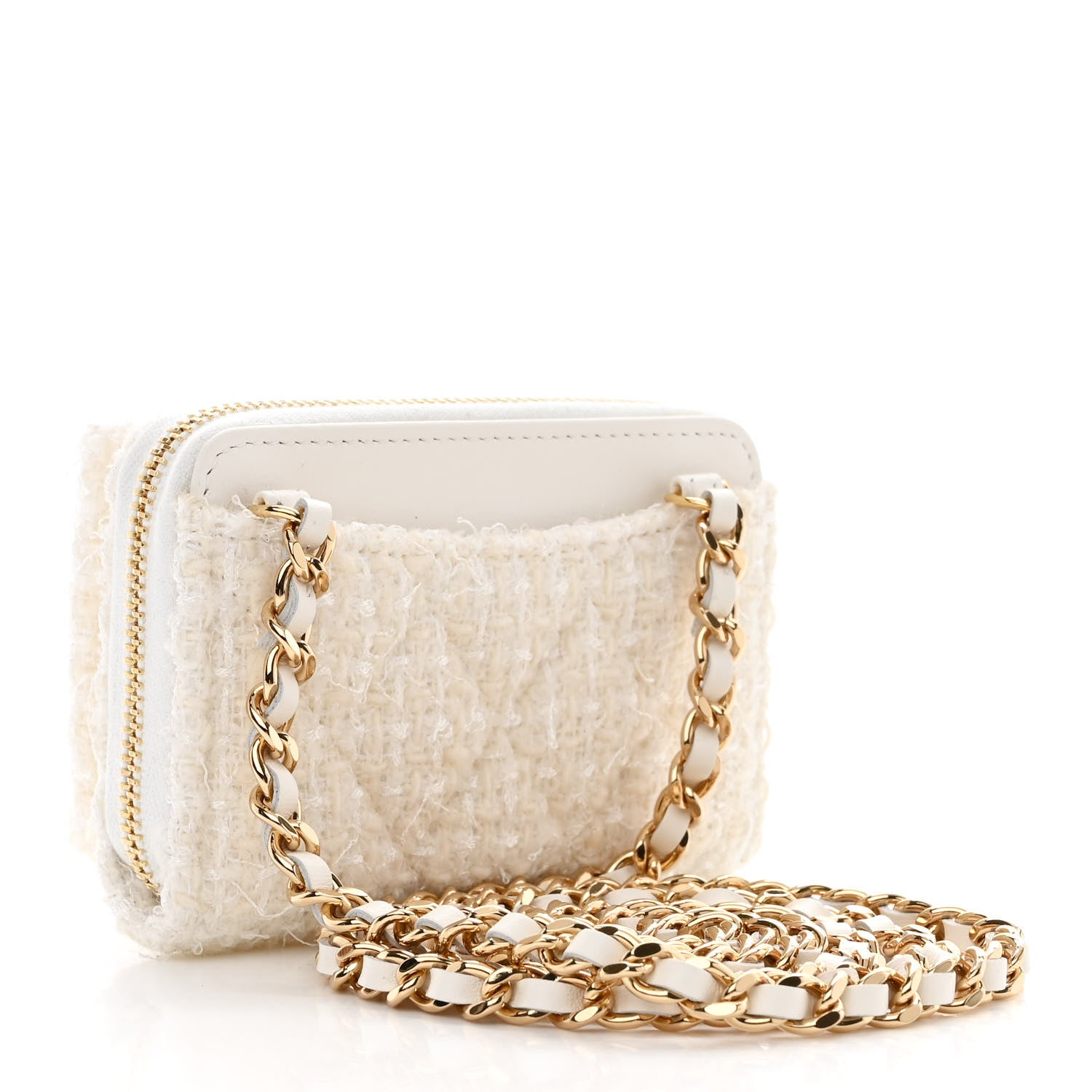 Chanel Tweed Quilted Bow Flap Card Holder On Chain White 3 of 12
