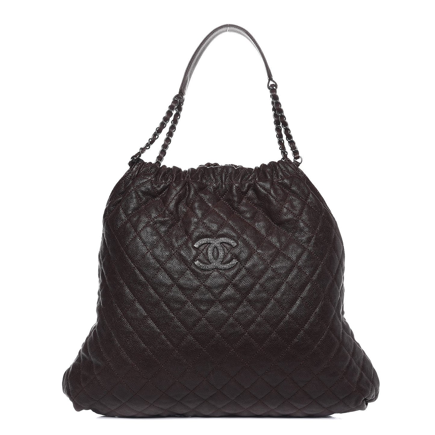 Distressed Glazed Caviar Quilted Large Elastic Tote Brown