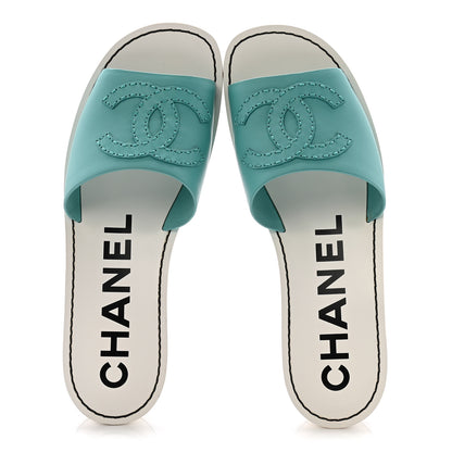 Chanel Calfskin CC Mules 39 Turquoise White 2 of 10
