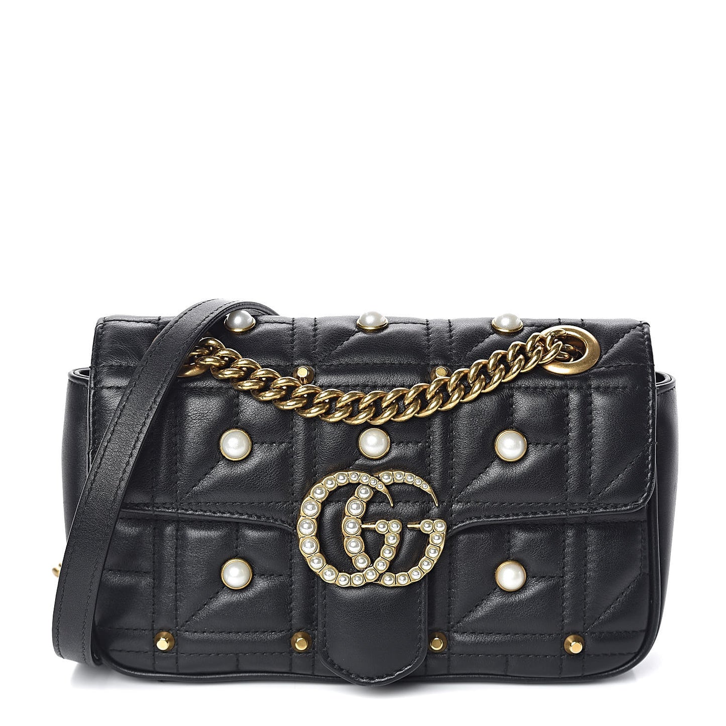 Calfskin Matelasse Studded Mini Pearly GG Marmont Shoulder Bag Black
