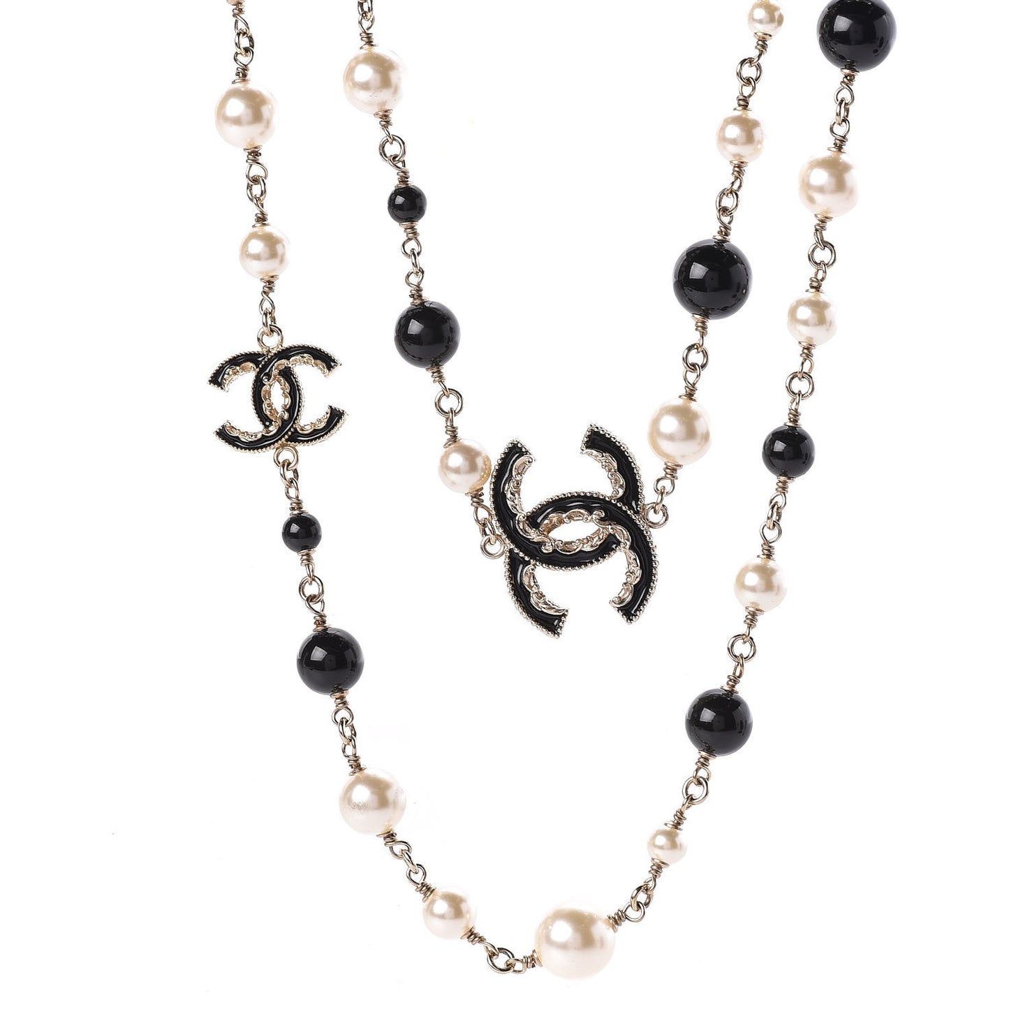 Pearl Bead Enamel CC Baroque Long Necklace Black Gold