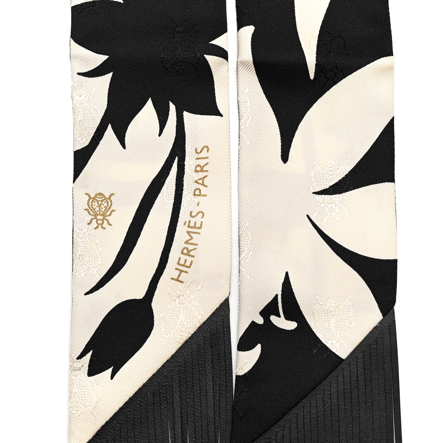Hermes Silk Calfskin Bouquet Final Fringed Twilly Creme Black 4 of 5