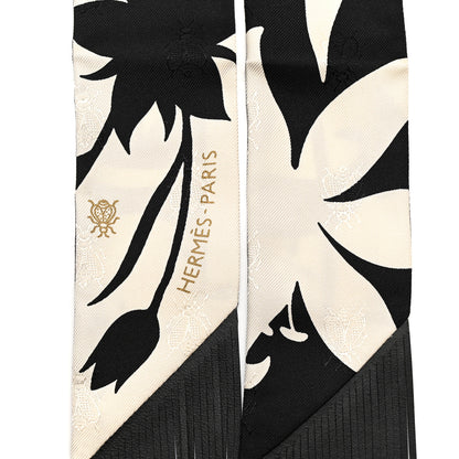 Hermes Silk Calfskin Bouquet Final Fringed Twilly Creme Black 4 of 5
