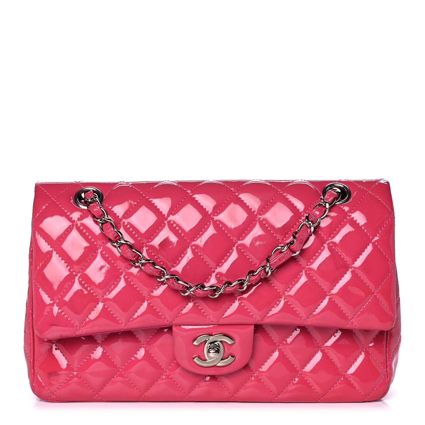 Patent Quilted Medium Double Flap Fuchsia