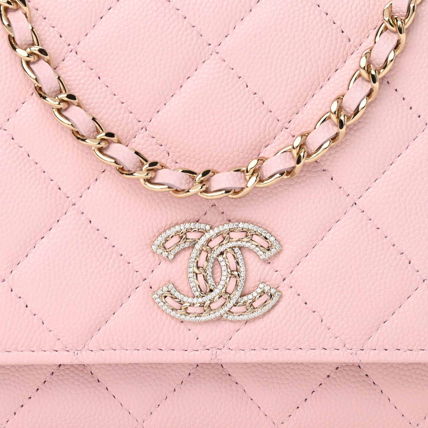 Caviar Quilted Crystal CC Wallet On Chain WOC Light Pink