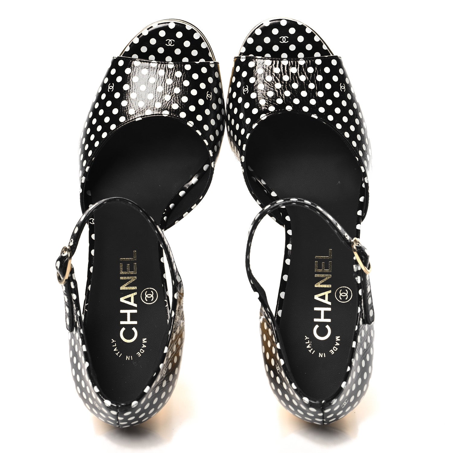 Chanel Printed Calfskin Polka Dot CC Platform Sandals 37