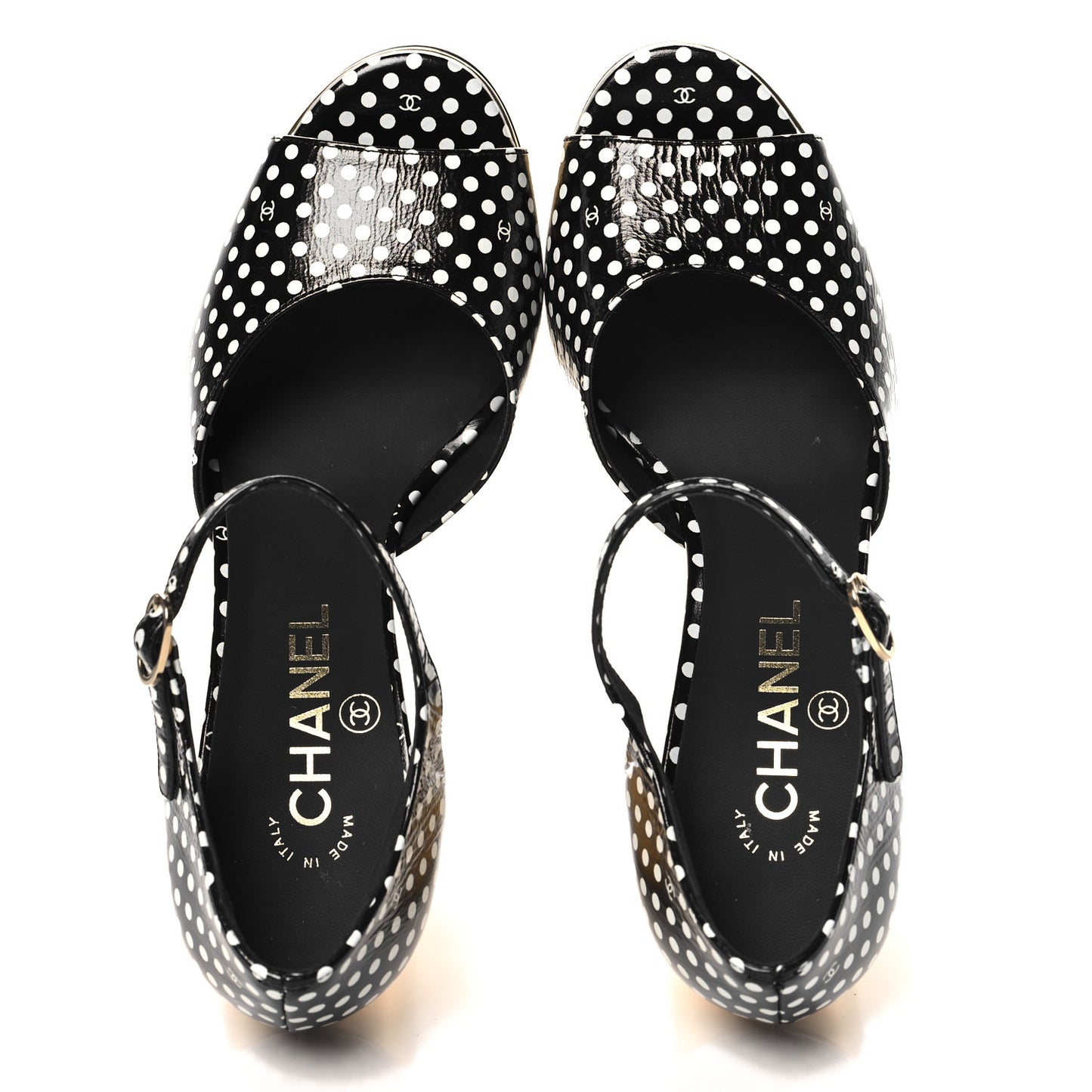 Printed Calfskin Polka Dot CC Platform Sandals 37 Black White