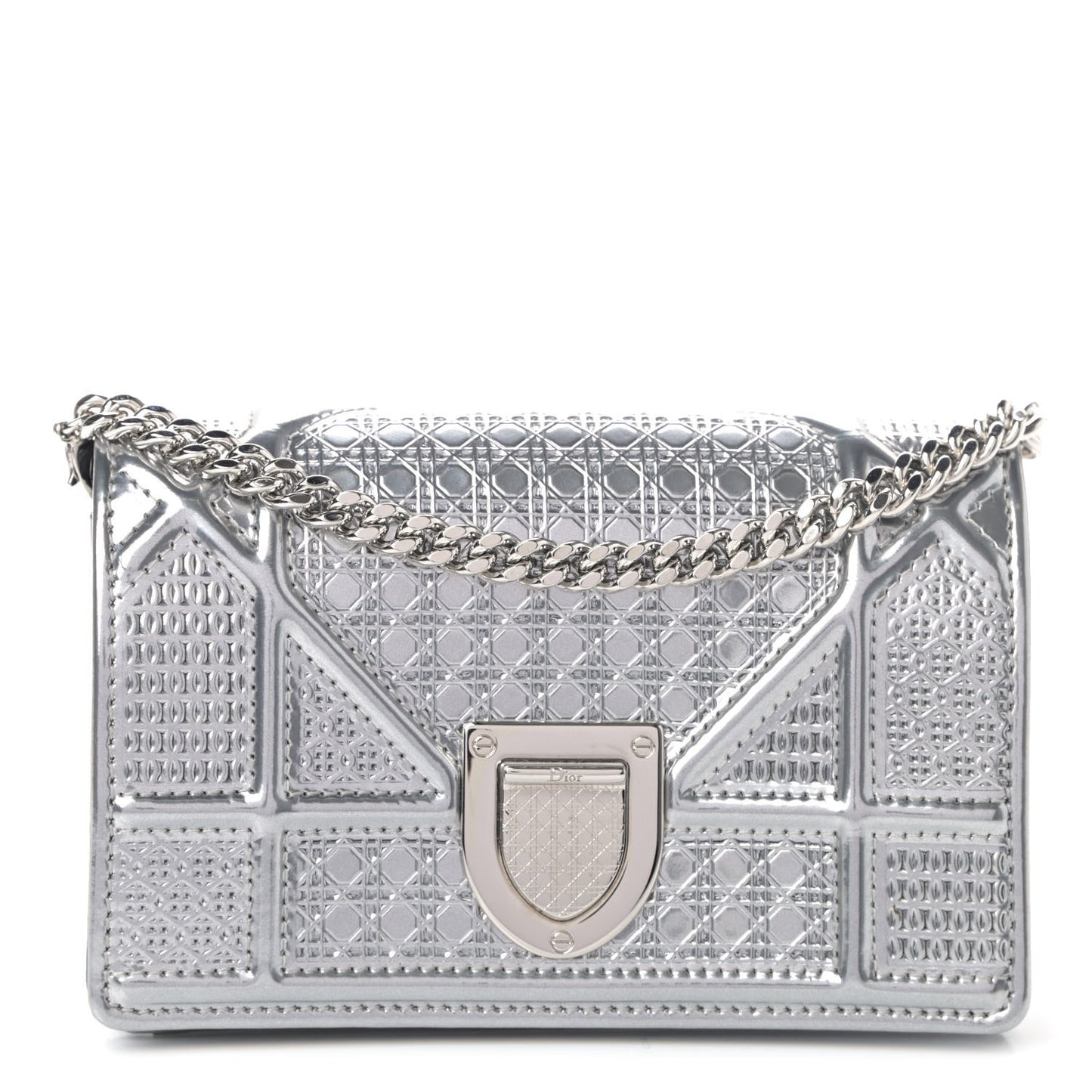 Metallic Patent Micro-Cannage Baby Diorama Flap Bag Silver