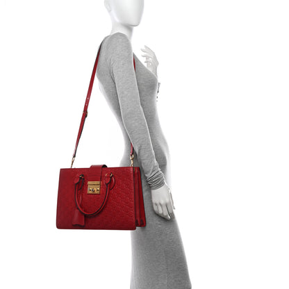 Gucci Guccissima Signature Padlock Double Handle Bag Hibiscus Red 2 of 20