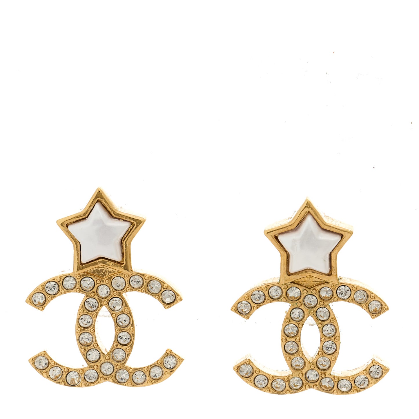 Metal Crystal Pearl CC Star Earrings Gold Pearly White