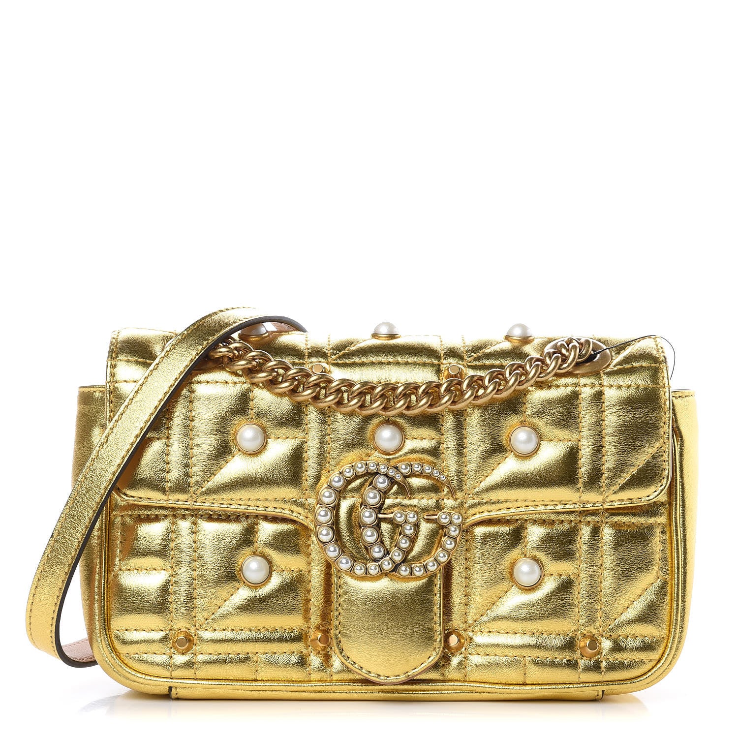 Gucci Metallic Calfskin Matelasse Studded Mini Pearly GG Marmont Shoulder Bag Gold 1 of 10