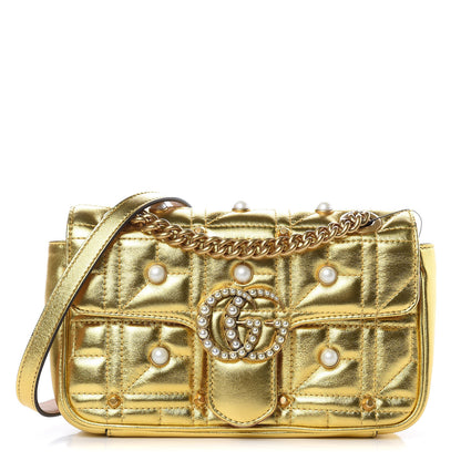 Gucci Metallic Calfskin Matelasse Studded Mini Pearly GG Marmont Shoulder Bag Gold 1 of 10