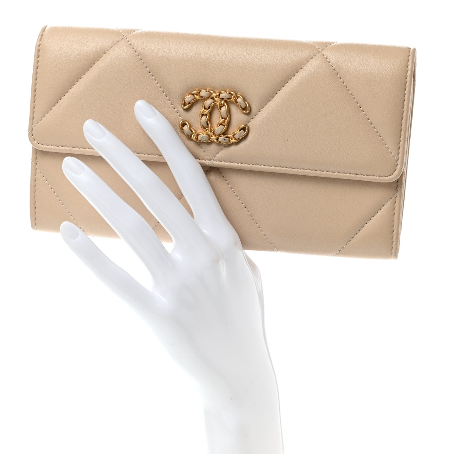 Shiny Goatskin Quilted Chanel 19 Flap Wallet Beige