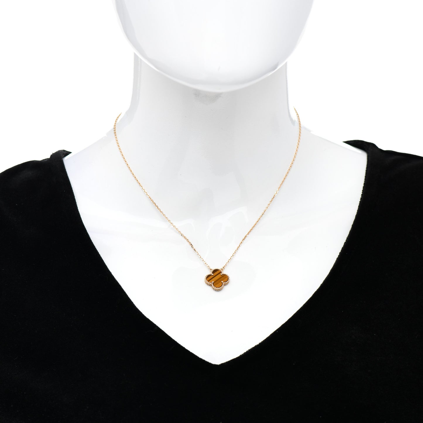 18K Yellow Gold Tiger Eye Vintage Alhambra Pendant Necklace
