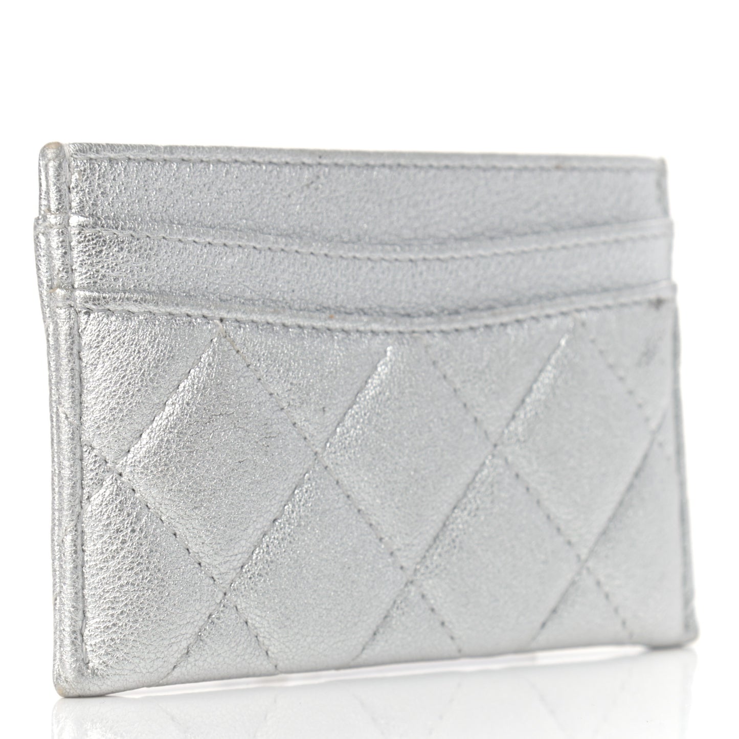 Metallic Lambskin Quilted Card Holder Silver