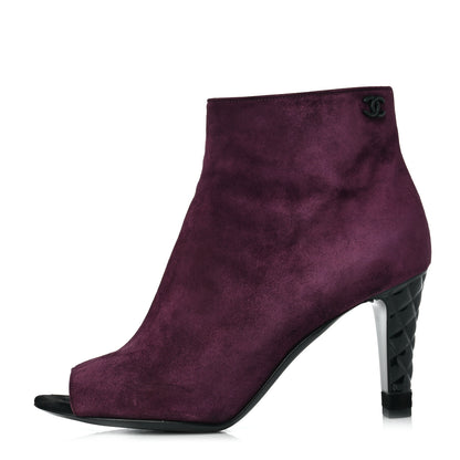 Chanel Suede Calfskin Patent Quilted CC Peep Toe Short Boots 37 Burgundy 1 of 8