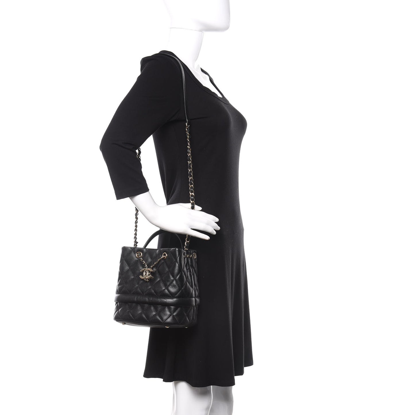 Caviar Quilted Rolled Up Bucket Drawstring Bag Black
