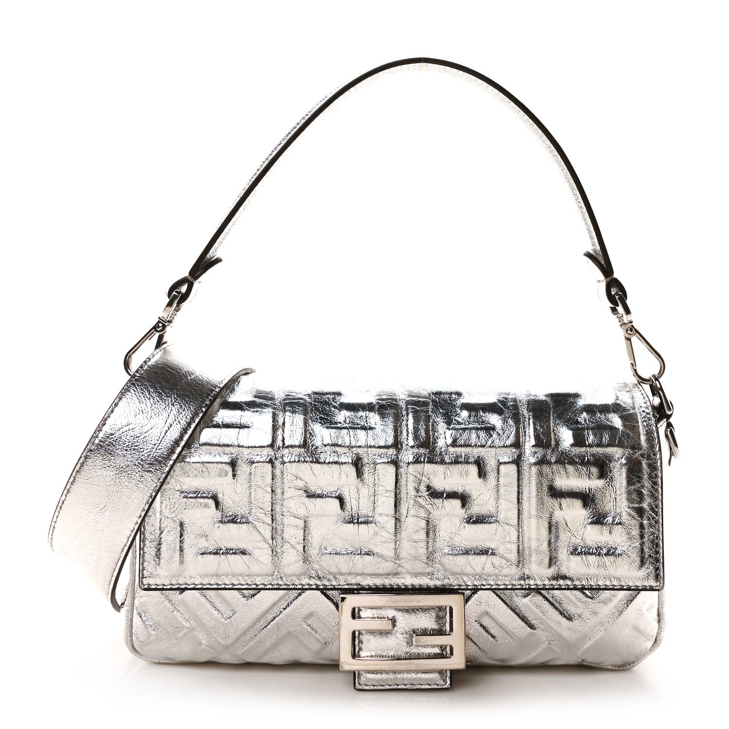 Fendi Vitello Catalan Mirror FF 1974 Embossed Baguette Argento 1 of 9