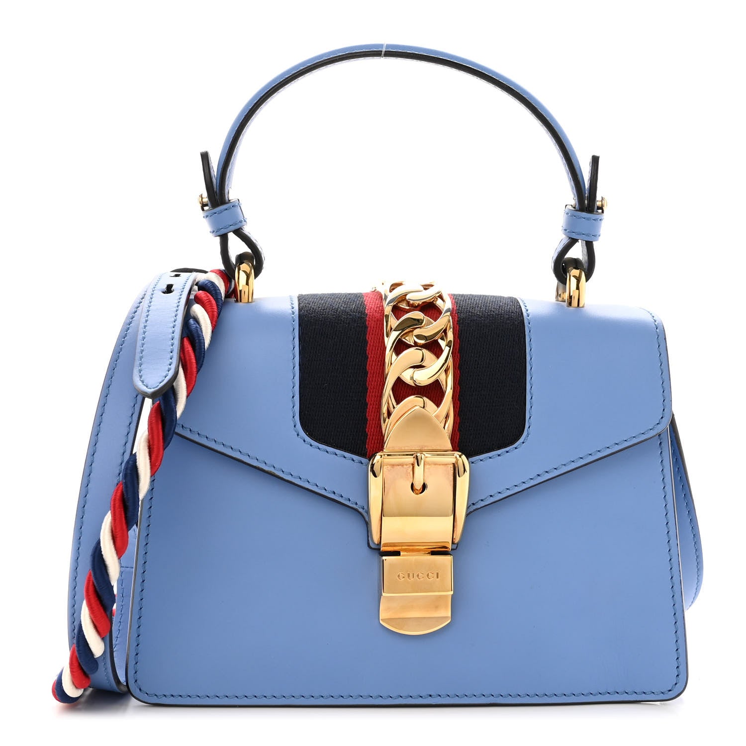 Gucci Vitello Fontanella Web Mini Sylvie Top Handle Bag Clear Sky Blue 1 of 11