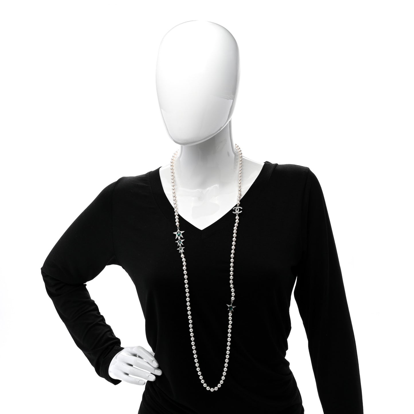 Pearl Star CC Long Necklace Green White Silver