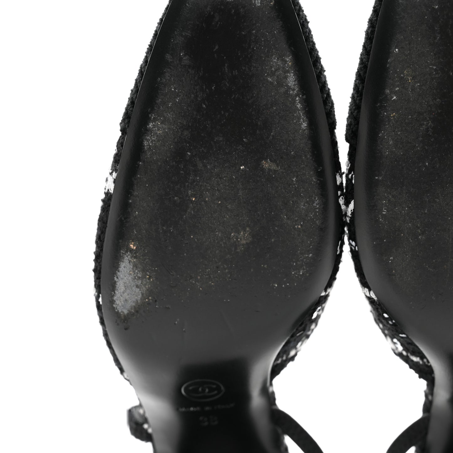Tweed Sequins Corduroy Cap Toe CC Slingback Pumps 38 Black White