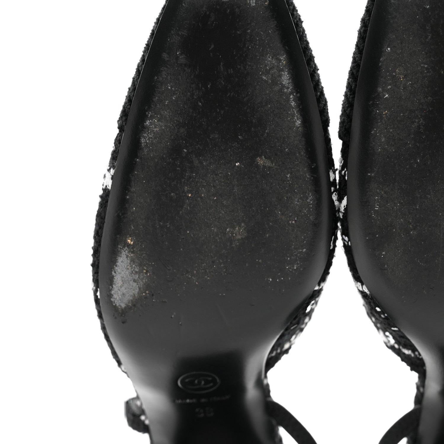Chanel Tweed Sequins Corduroy Cap Toe CC Slingback Pumps 38 Black White 12 of 14
