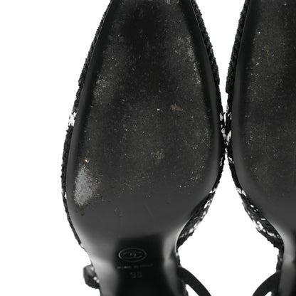 Chanel Tweed Sequins Corduroy Cap Toe CC Slingback Pumps 38 Black White 12 of 14