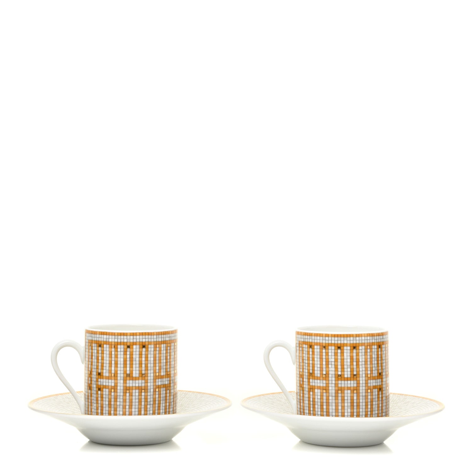 Hermes Porcelain Mosaique Au 24 Gold Coffee Cup and Saucer Set of 2 3 of 10