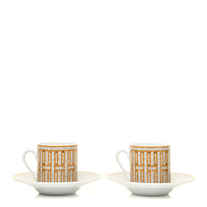 Hermes Porcelain Mosaique Au 24 Gold Coffee Cup and Saucer Set of 2 3 of 10