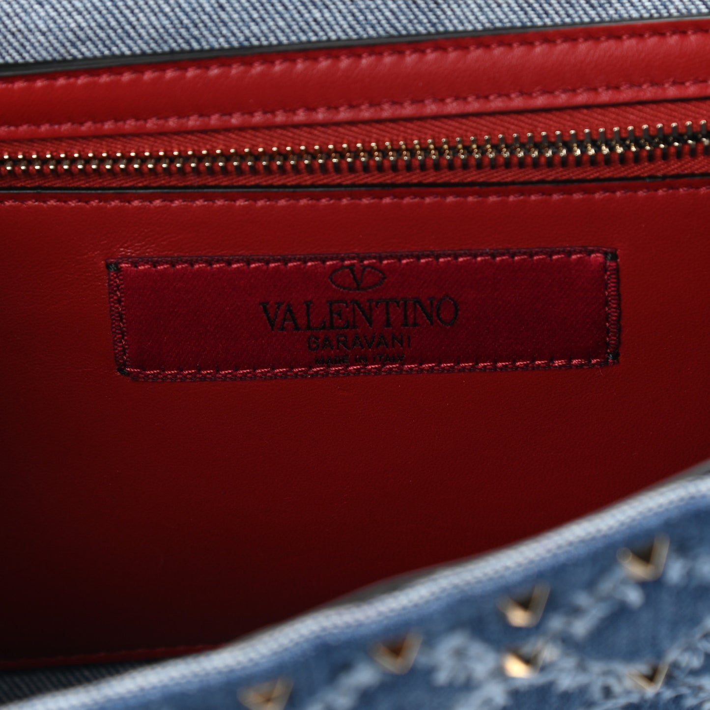 Denim Rockstud Spike Wallet on Chain Blue