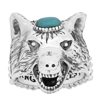 Gucci Sterling Silver Turquoise Anger Forest Wolf Head Ring 60 9 3 of 8