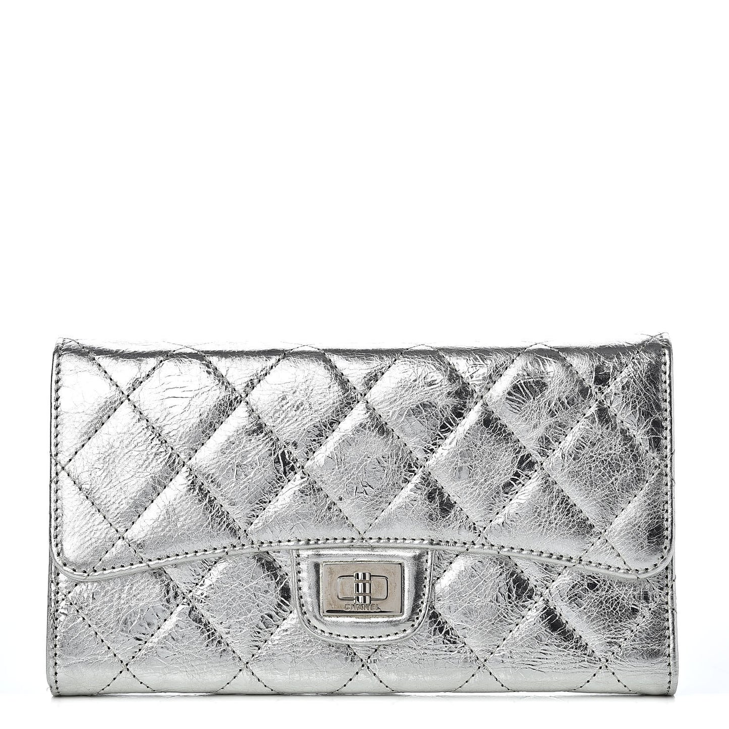 Metallic Aged Calfskin Quilted Reissue Long Flap Wallet Light Silver