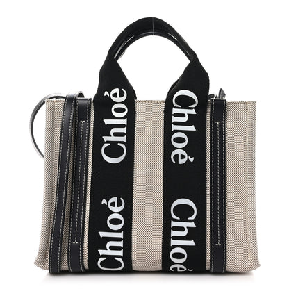 Chloe Cotton Calfskin Small Woody Ribbon Tote With Strap Black Blue 1 of 10